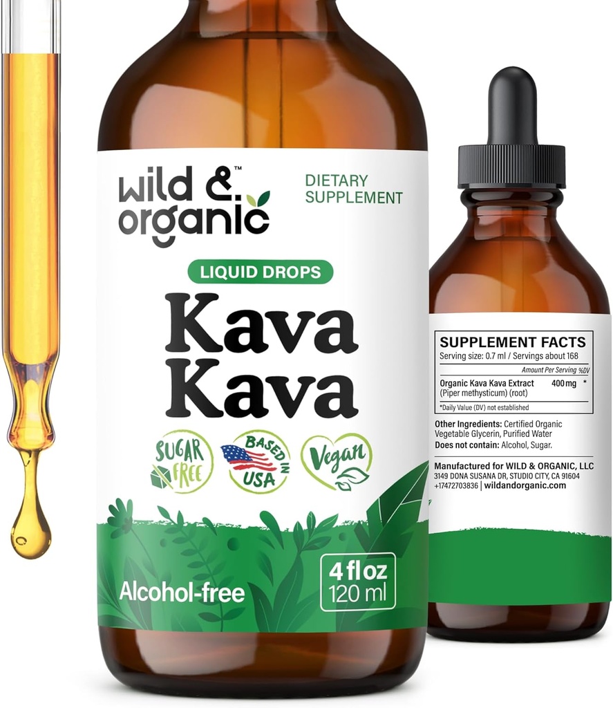 Wild & Organic Kava Kava gotas 400 mg - Calmness & Relax Suplemento - 5 meses de suministro - Vegan, Azúcar " Líquido sin alcohol gotas de extracción - 4 fl oz