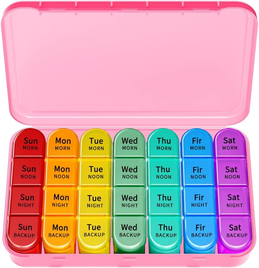 Organizador semanal de píldoras, caja grande de la caja (7-Día / 4-Tiempos-A-Día) con grandes combinaciones para sostener abundante de aceites de pescado, vitaminas, dispensador de medicamentos nocturnos de mediodía (Pink)