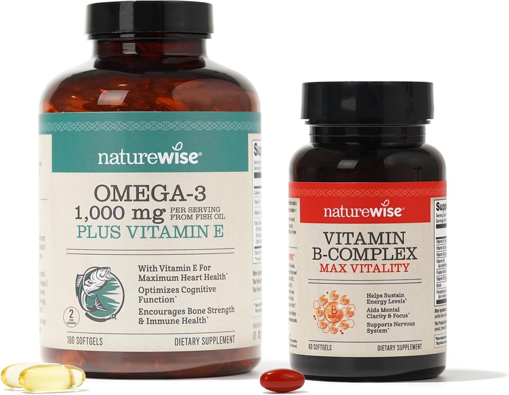 NatureWise 1000mg Omega 3 600mg EPA 400mg DHA con vitamina E 180ct &amp; Complejo de vitamina B para energía celular 60 Softgels[2-Mes]