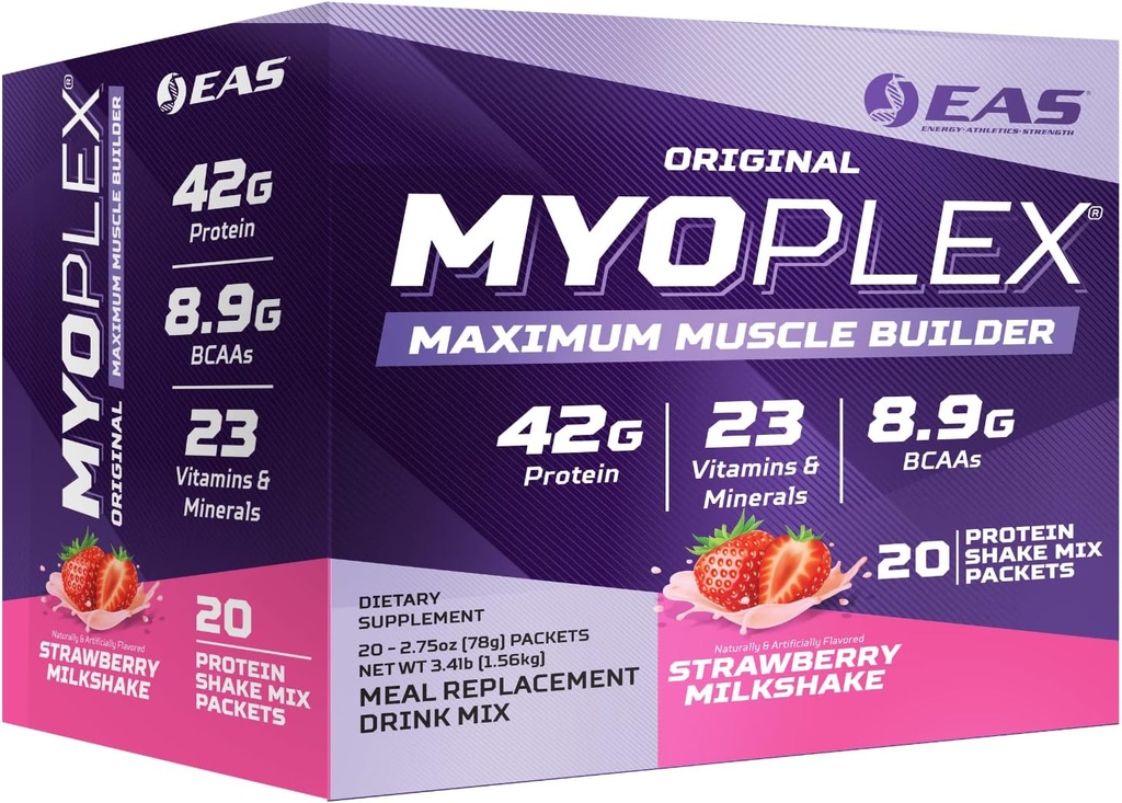 EAS Original Myoplex Maximum Muscle Builder ← Meal Replacement Protein Drink Mix ← Calidad Protein Blend ← 42g Protein ← 20 Packets individuales (Strawberry Milkshake)