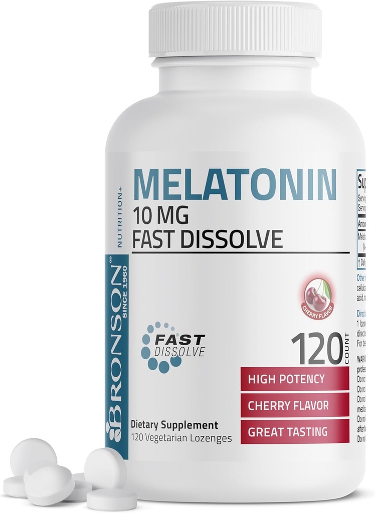 Bronson Melatonin 10mg Fast Dissolve Cherry Flavored Tablets Vegetarian Chewable Lozenges, 120 Conde
