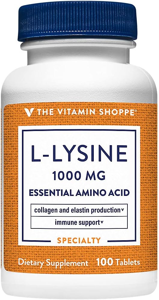 La Vitamina Shoppe L-Lysine 1000MG, Aminoácidos Esenciales, Suplemento de Lip Care, apoya la producción de colagen &amp; Elastin, una vez al día (100 Tablets)