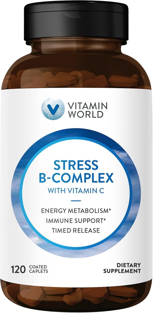 Vitamina World Stress Complejo de vitamina B con vitamina C, liberación oportuna Vitamina B6, B12, Niacina, Folate " Biotina for Stress, Energía, Metabolismo " Immune Support, Non-GMO, 120 Caplets