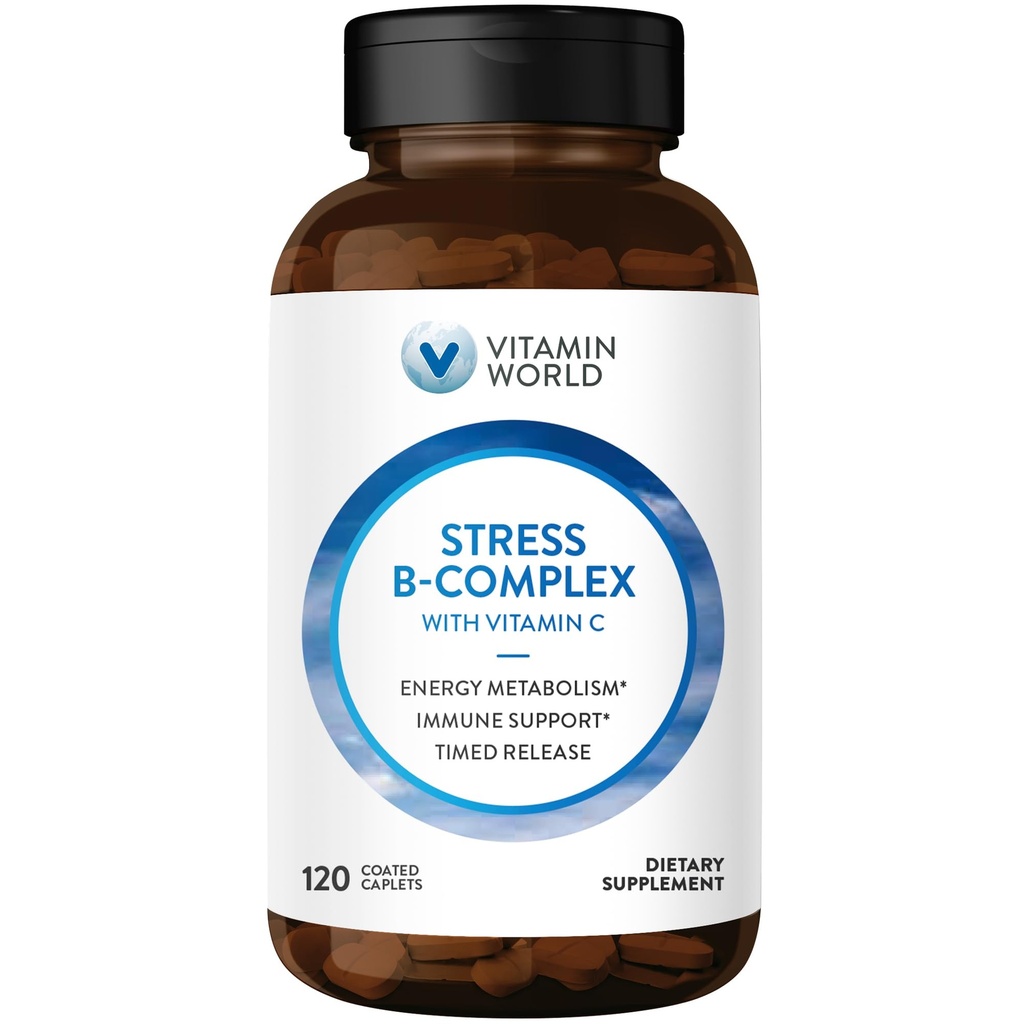 Vitamina World Stress Complejo de vitamina B con vitamina C, liberación oportuna Vitamina B6, B12, Niacina, Folate " Biotina for Stress, Energía, Metabolismo " Immune Support, Non-GMO, 120 Caplets