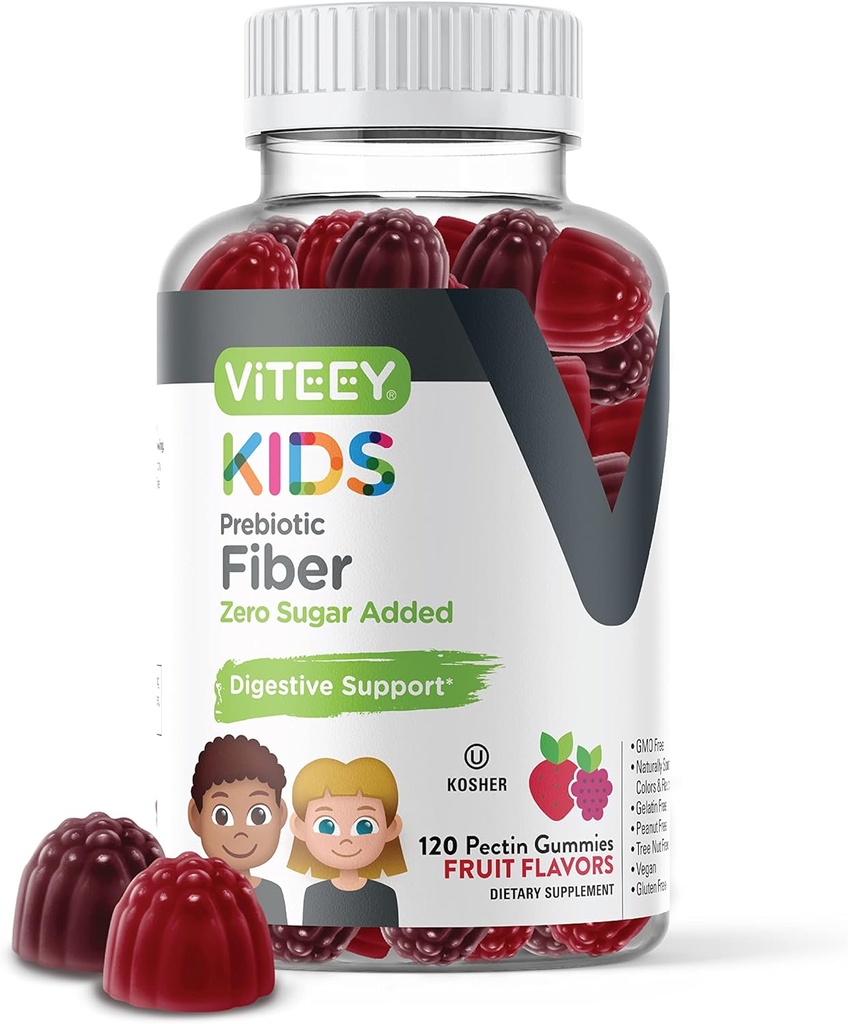 Viteey Prebiotic Kids Fiber for Constipation Relief, Digestive Health Regularity Support, Natural Weight Support - Fiber 4g, Zero Sugar Añadido, Vegan, Gluten Free - Tasty Chewable Fruit Flavored Gummy