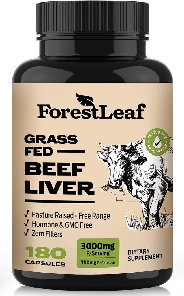 ForestLeaf Grass Fed Beef Liver Capsules, 3000mg Por Serving, Supports Full Immunity & Body Wellnes, Cleansing, Digestion, Natural Iron, Vitamina A y B12, Freeze Dried Beef Liver Supplement, 180 Caps