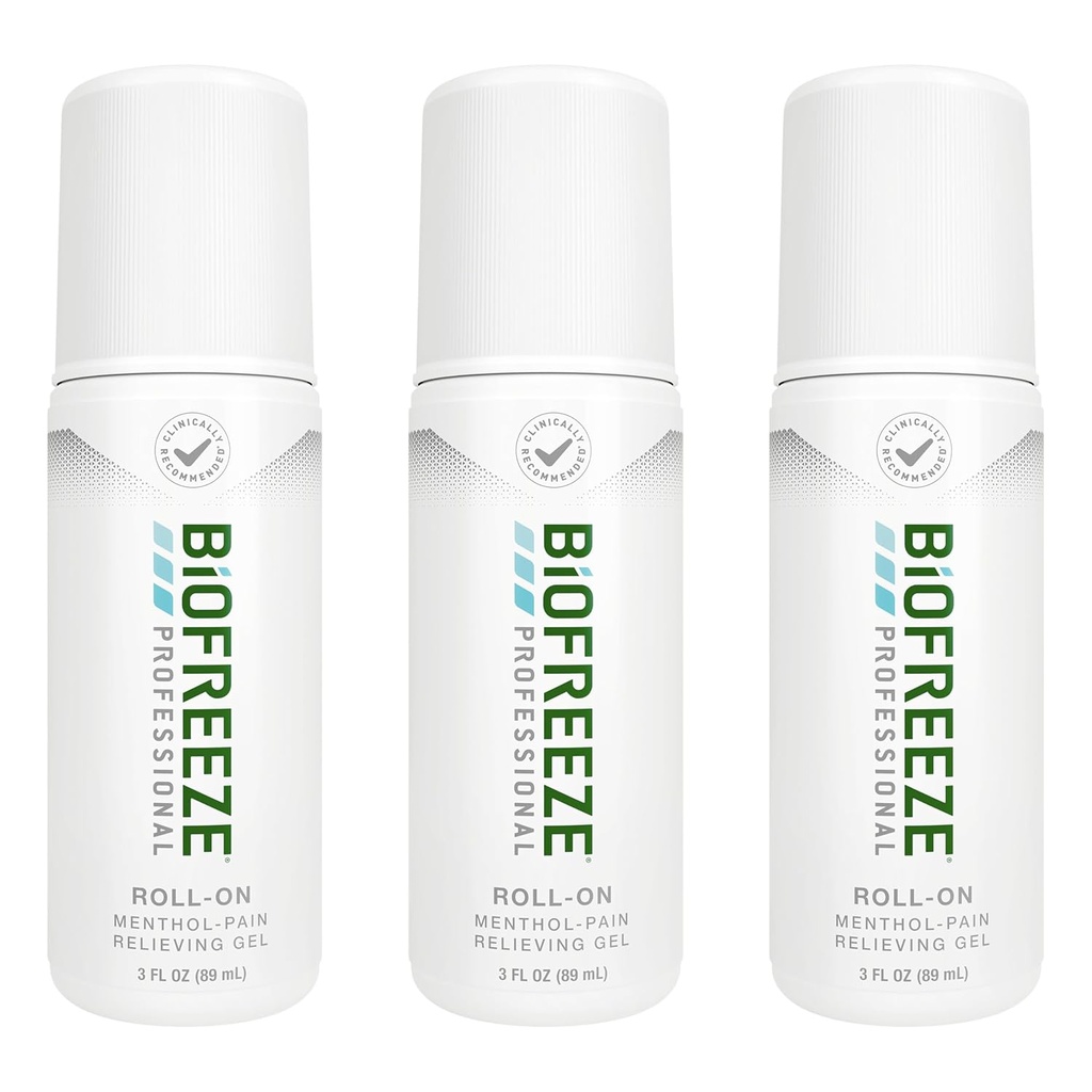 Biofreeze Professional Pain Relief Roll On for Knee, Neck, Hip, Joint, " Hombro, Simple Backache Pain Reliever, Sore Muscle Relief, Roll-On Menthol Gel 3 Fl Oz (Pack of 3)