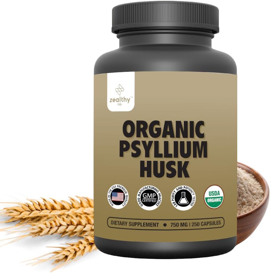 Organic Psyllium Husk Capsules 750 mg, Natural Fiber Supplement for Gut Health* - Alternative to Psyllium Husk Powder, Zealthy Life, 250 Capsules