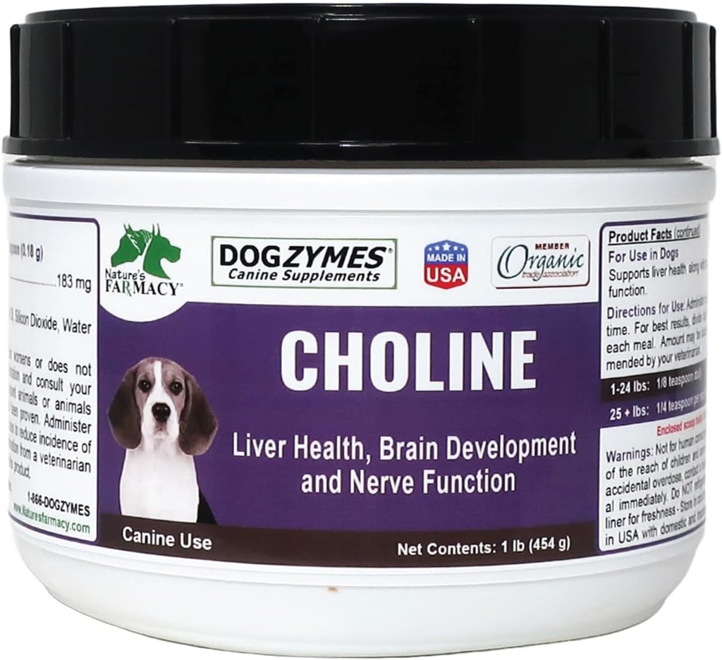 Dogzymes Choline aids in Brain Function and Also Helps with seizures and Stroke Recovery. It is Also Used to Cleanse The Liver of accumulated lipids (1 Pound)