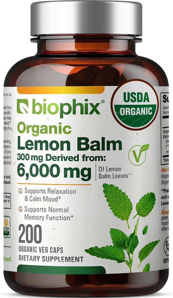 biofix Lemon Balm Capsules USDA Organic 20:1 Extracto 300 mg 200 Veggie Caps - Cognitive Health Stress Sleep Mood Support Natural Herbal Supplement