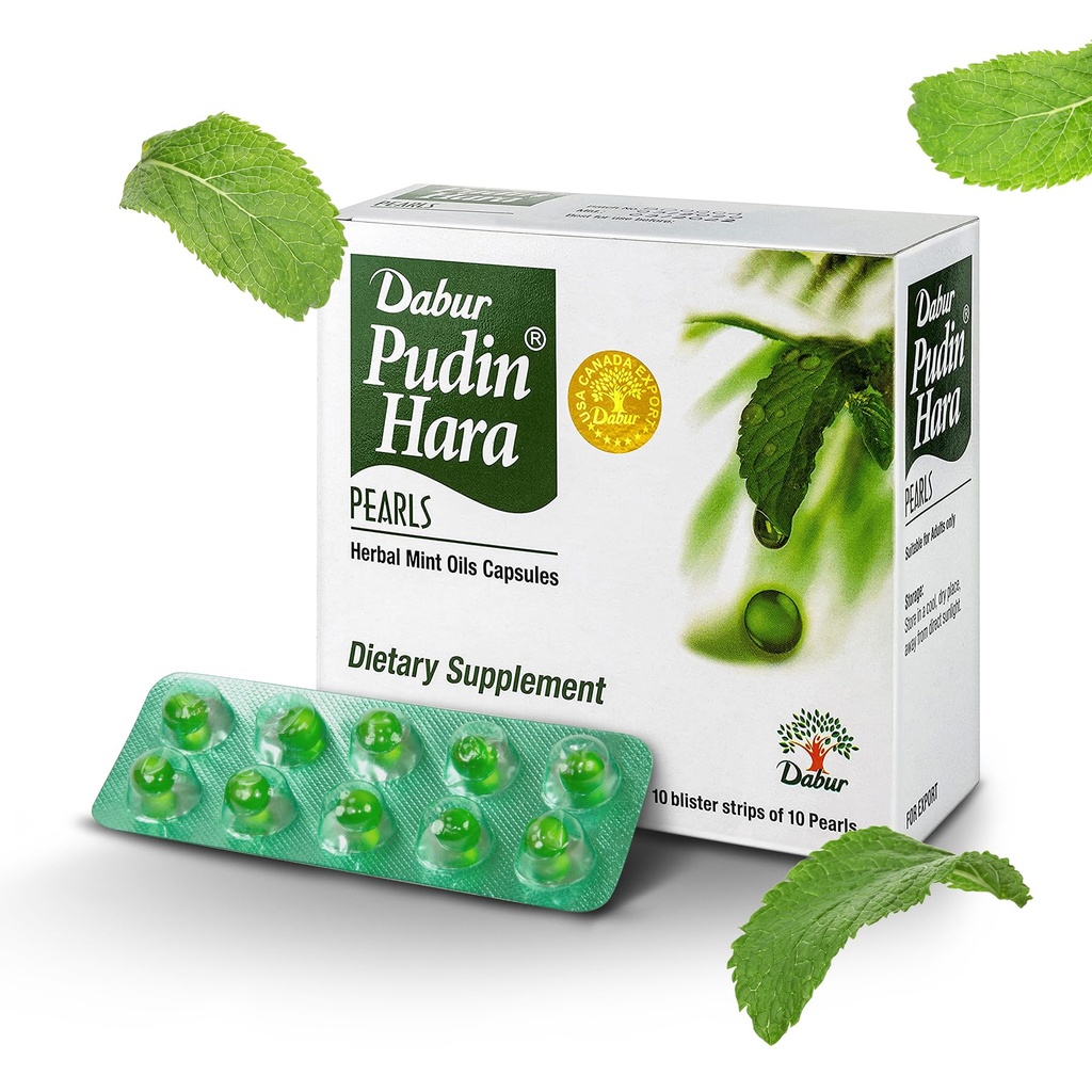 Dabur Pudin Hara Pearls - Suplementos diarios de cuidado digestivo para hombres y mujeres, ayuda a Abate Symptoms of Bloating, Acidity, Flatulence and Indigestion for Digestive and Gut Health, 100 count (Pack of 10)