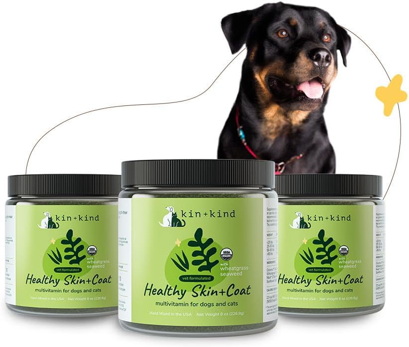 kin+kind Organic Multivitamin for Dogs & Cats - Pet Supplement for Healthy Skin and Coat - Safe, Natural Formula with Wheatgrass, Kelp, Seaweed and Coconut - Made in USA - Bundle (3 x 8 oz)