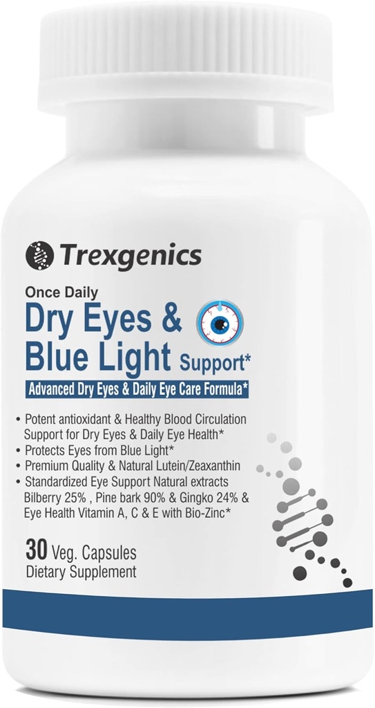 Trexgenics Dry Eyes & Blue Light Support Once Daily Vegetarian Formula with Lutein 10mg, Zeaxanthin 2mg, Bilberry, Ginkgo, Pine Bark, Vitamina C, Zinc &amp; Vitamina A (30 Veg Capsules)