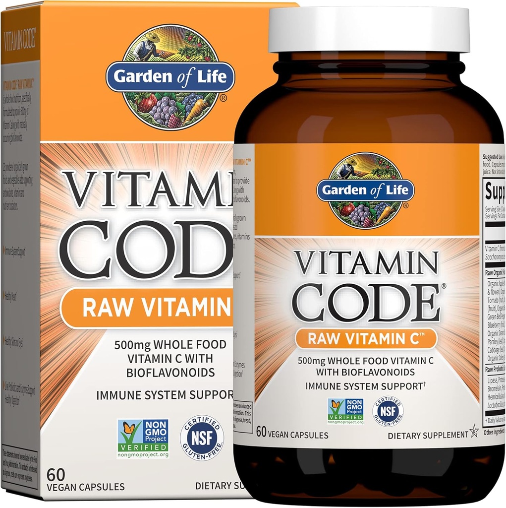 Garden of Life Vitamin Code Raw Vitamina C - 60 cápsulas, 500 mg Alimentos enteros Vitamina C cápsulas + Fruta &amp; Veggie Blend &amp; Probióticos, Suplementos para adultos, Vegan, Gluten Gratis