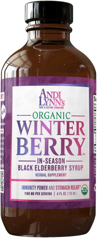 Andi Lynn's Winterberry Black Elderberry Syrup - Incluye: Elderberries Negros, Cinnamon, Ginger, Honey & Lemon - Immune Support for Whole Family - Organic & Great Tasting Syrup 4oz