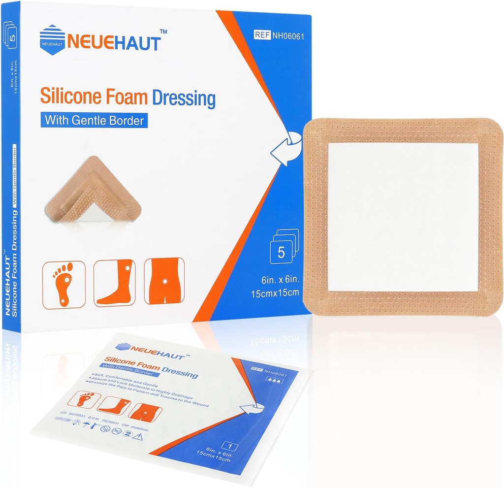 Silicona Foam Dressing with Gentle Adhesive Border 6'x6'', Bed Sore Pressure Ulcer Leg Ulcer Silicone Wound Bandage, High Absorbency Waterproof, 5 Pack by NeueHaut
