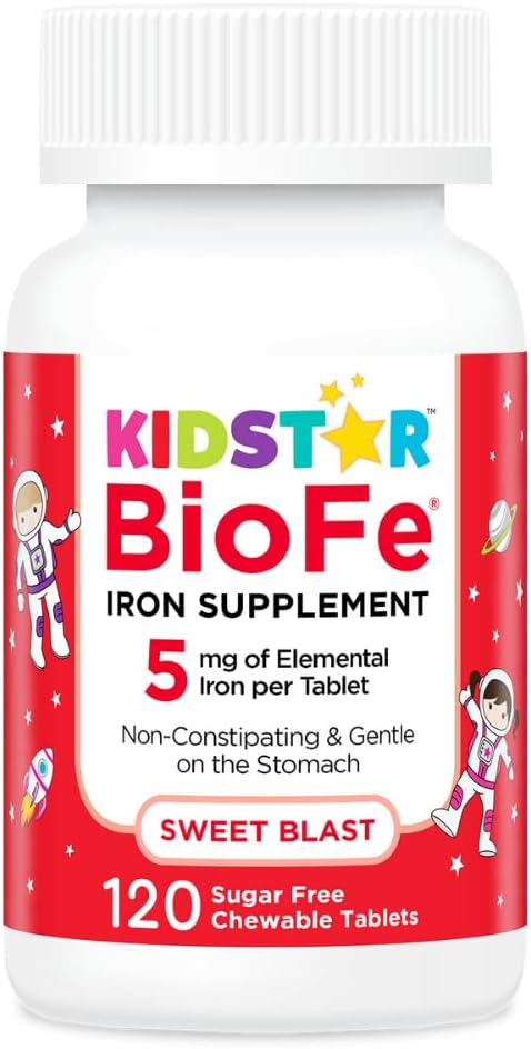 KidStar Nutrients BioFe Pure Iron Chewables for Kids &amp; Adults, Sweet Blast, No Sugar, Sweetened with Xylitol, 120 Chewable Tablets