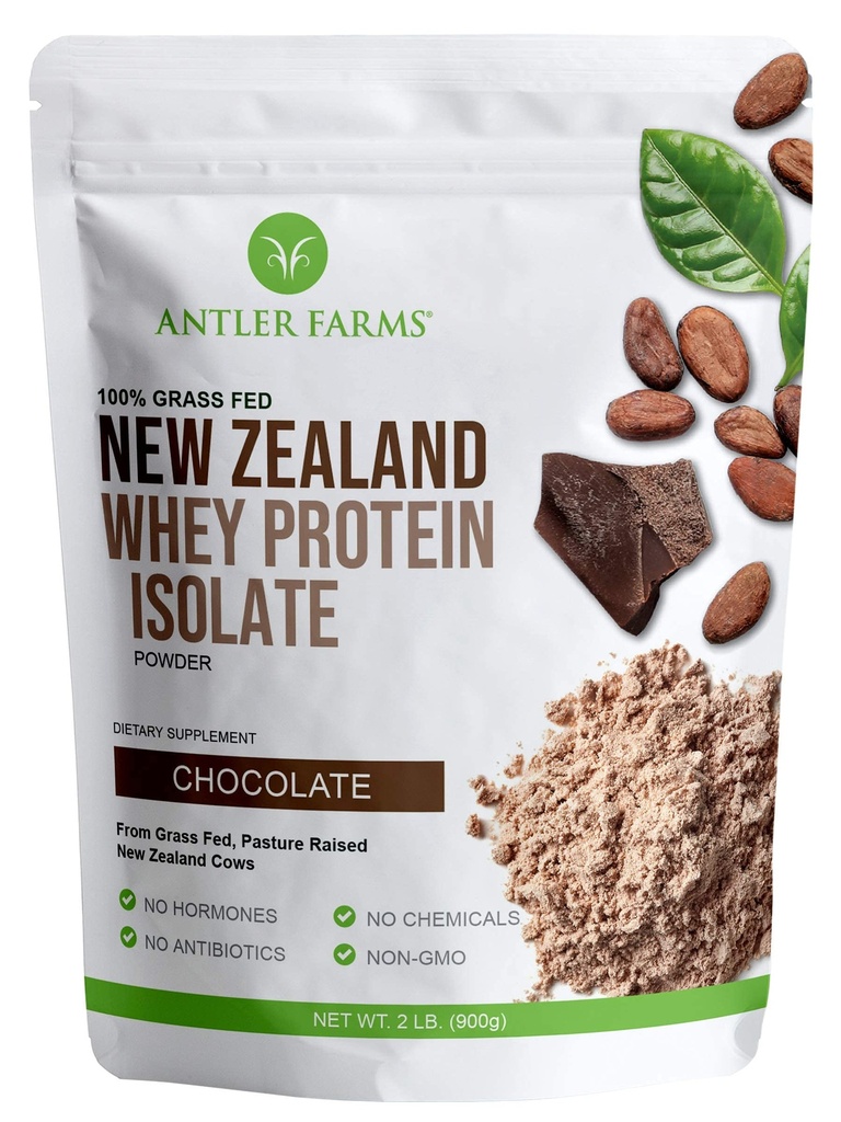 Antler Farms - 100% Grass Fed New Zealand Whey Protein Isolate, Chocolate Flavor, 2 lbs - Puro y Limpio, 4 Ingredientes, Delicious, Cold Processed