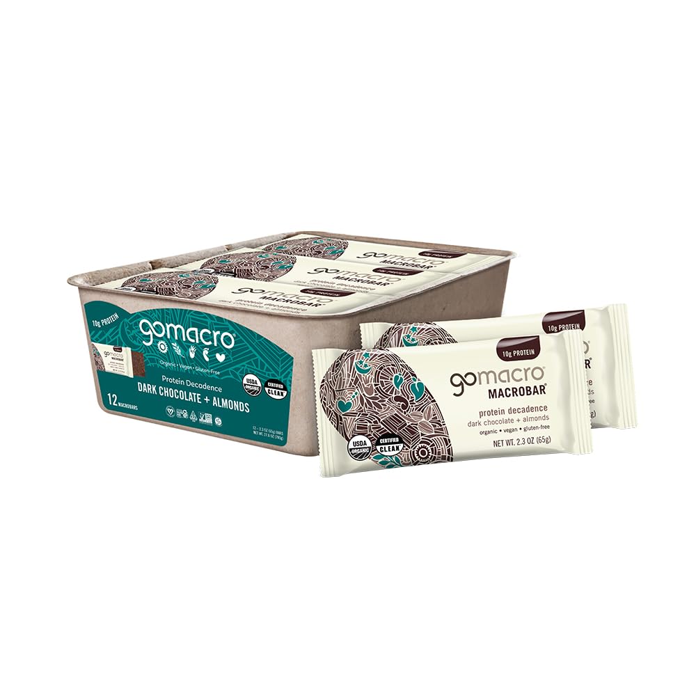 GoMacro MacroBar Bares de Proteína Ecológica Vegan - Chocolate Oscuro + Almendras (2.3 Bares de onda, 12 Cuenta)