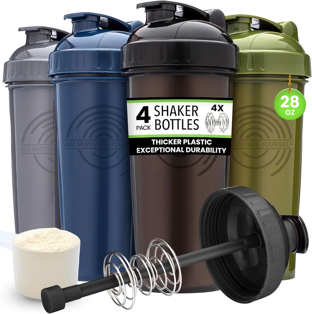 GOMOYO [4-Pack] 28-Ounce Shaker Bottle ← Bulk Protein Shaker Botella con Action-Rod Wire Mixer Silencio Shaker Cups Los conjuntos son BPA Gratis y Dishwasher Safe ← Moss, Gray, Navy, &amp; Black