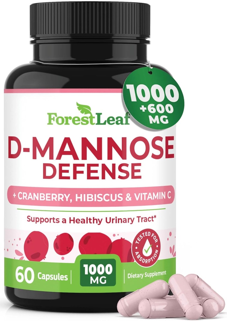 ForestLeaf D Mannose 1000mg Capsules - D-Mannose with Cranberry, Hibiscus & VIT C, Urinary Tract Health for Women and Men, Organic DMannose Pills for UTI, Urinary Health &amp; Bladder Support 60 cápsulas