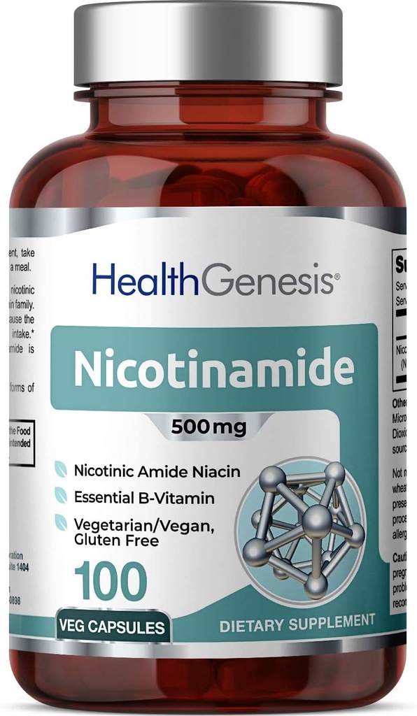 B-3 Nicotinamide 500 mg 100 Vcaps - Niacina Niacina libre de fluido natural Fórmula - Apoyo a la salud celular de la piel