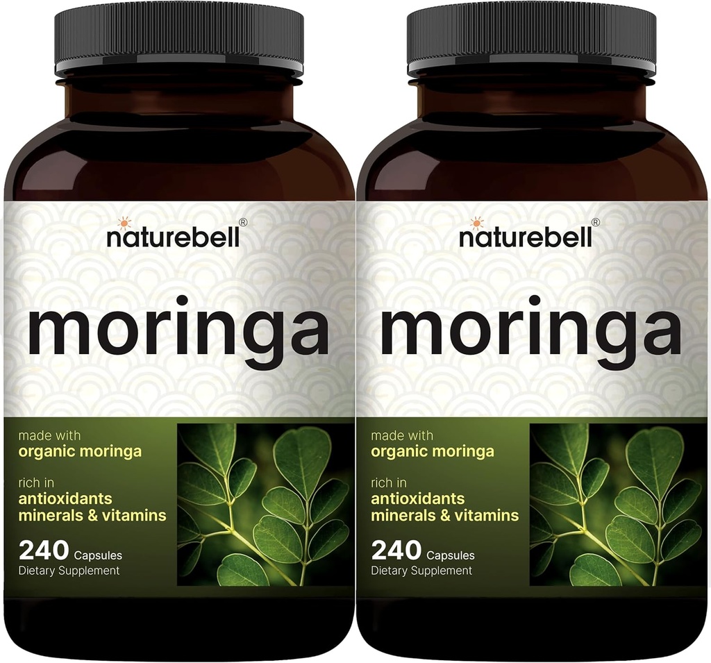 NatureBell Pure Moringa Capsules 8.000mg Por Serving (2 Pack) Silencio Hecho con Moringa Powder Orgánico, 480 cápsulas – Superalimentos Verdes, Salud de la piel, &amp; Apoyo Inmunitario – No GMO, Gluten Free, 8 meses de suministro