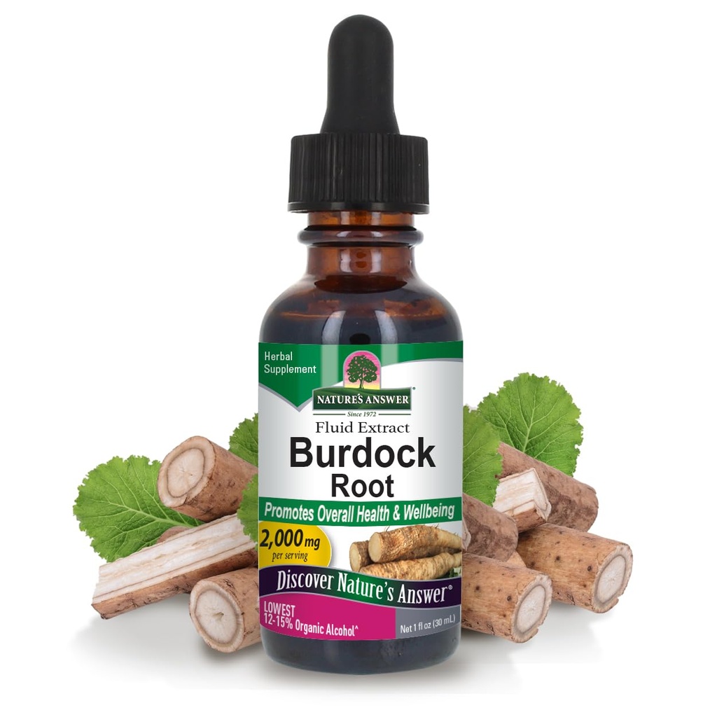 Respuesta de la naturaleza Burdock Root with Organic Alcohol 1oz Extracto ← Promueve Well-Being Silencio Gluten Free, Non-GMO, Vegan, No Preservatives or Artificial Flavors ← Single Count