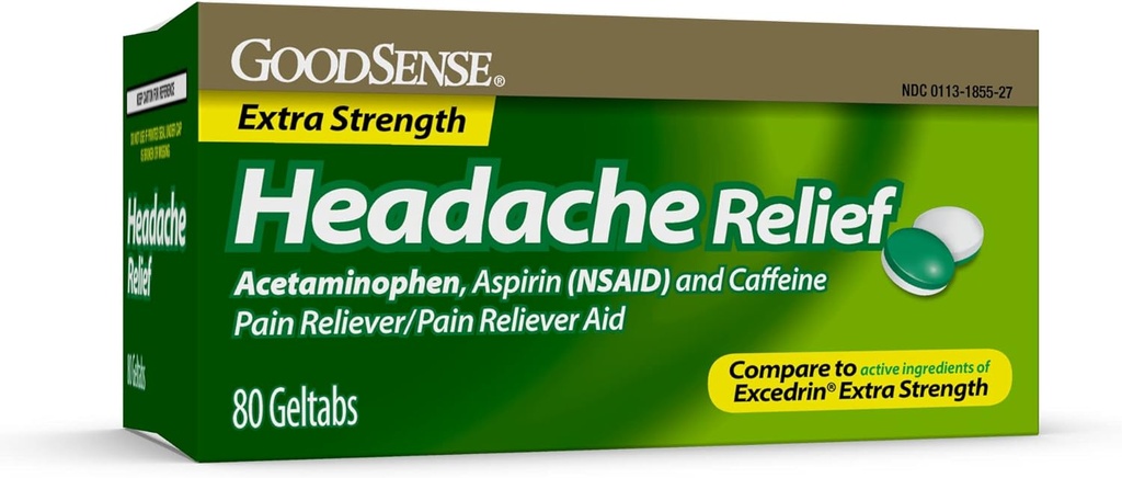 GoodSense Extra Strength Headache Relief Geltabs, Acetaminophen, Aspirin (NSAID) y Caffeine, 80 Conde