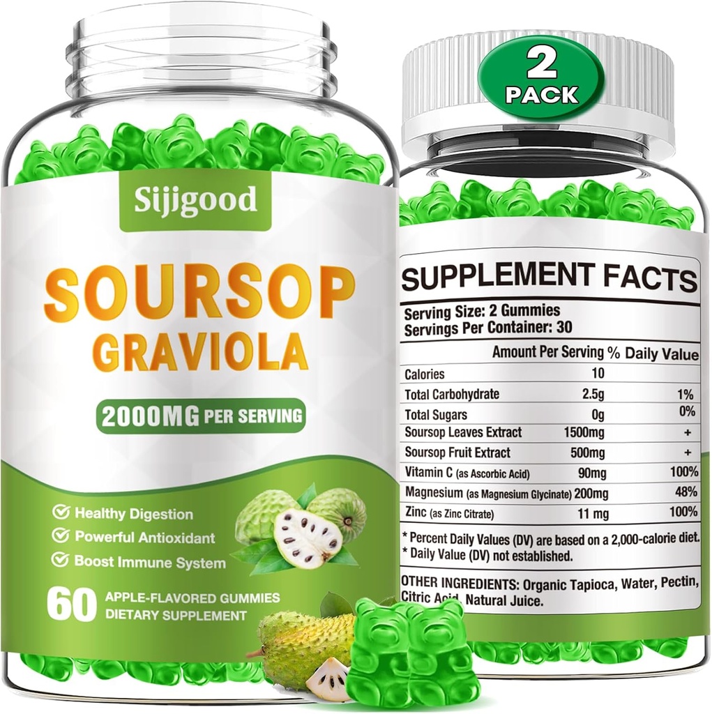 2 Pack Soursop Graviola Gummies - Organic Soursop Leaves & Fruit Extract - Ayuda Digestiva, Soporte Inmunitario &amp; Propiedades Antioxidantes - 120 Apple Flavored Gummies