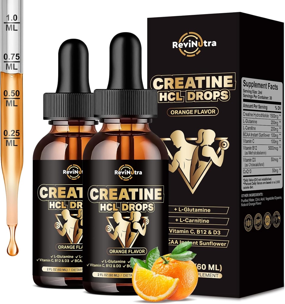 2 Pack Creatine HCL Liquid Drops for Men &amp; Women, 1500mg Liquid Creatine Hydrochloride, High Absorption, 2 Fl Oz, Sugar-Free Orange Flavor
