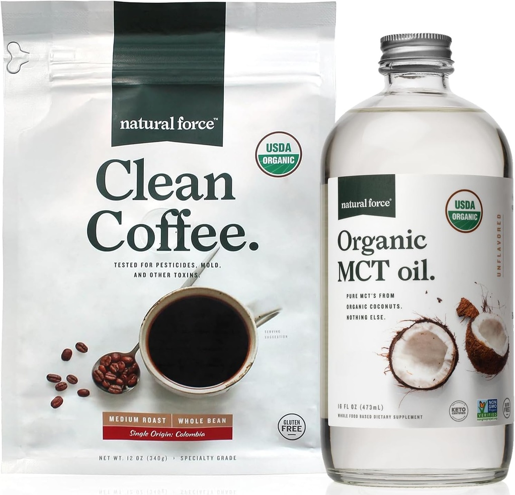 Natural Force Organic Clean Coffee + Organic MCT Oil Bundle – 100% Pure Coconut MCTs & Mold & Mycotoxin Free Coffee – Non-GMO, Keto, Paleo y Vegan - 12 Oz Bag y 16 Oz Glass Bottle