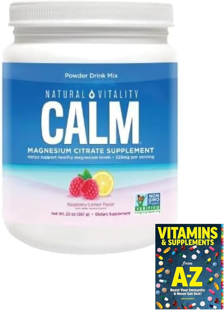 Natural-Vitality Calm Magnesium Citrate Powder, Raspberry Lemon Flavor, 20 onzas+Guide Vitaminas Free Include.(Pack 01) Bottle +Guide Vitaminas