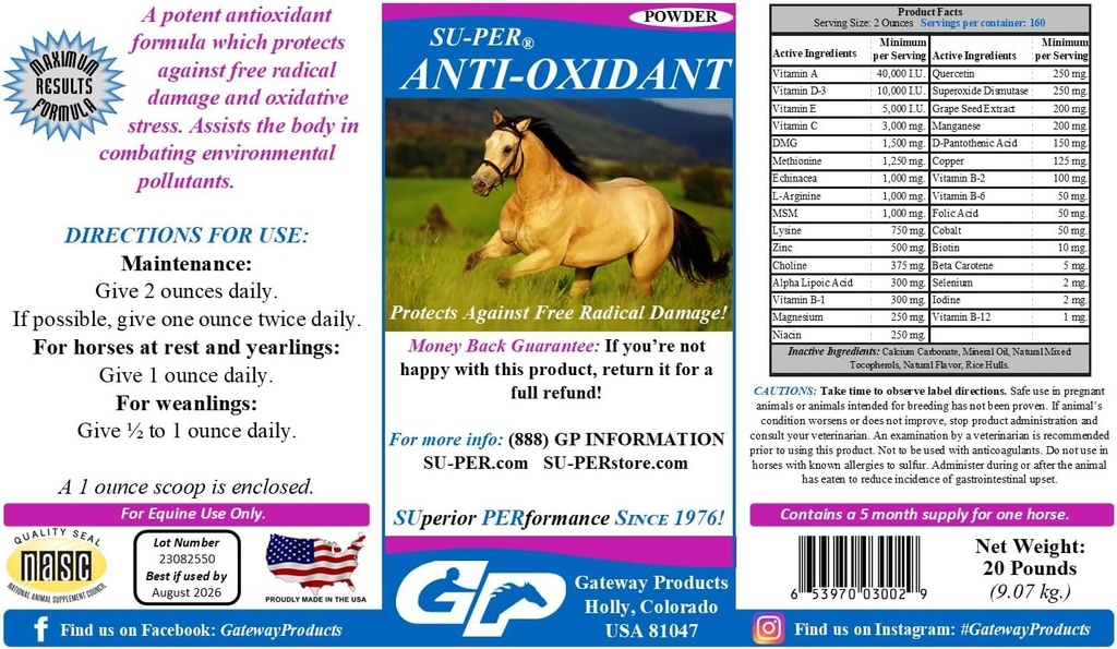 SU-PER Anti-Oxidant Supplement for Horses - Equine Vitamins & Essential Antioxidant Support - Combate Environmental Pollutants & Oxidative Stress - 20 libras, 5 Month Supply