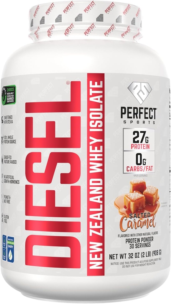 SPORTS PERFECTOS Diesel 100% Nueva Zelanda Whey Protein Isolate ¦ Stevia Sweetened, No Artificial Ingredients, Keto peru 0g Carb, 0g Fat, 27g Protein  durable 2 Pounds (Salted Caramel)