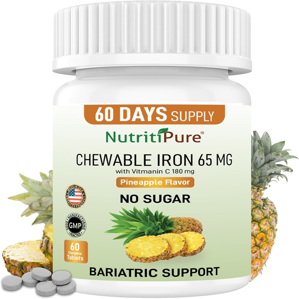 Chewable Iron Carbonyl 65 mg with Vitamin C 180 mg (for Women/Men) - Tablet in Pineapple Flavor 60 Count (1)