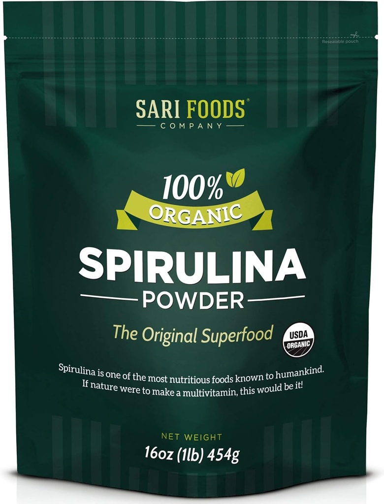 Pólvora Espirulina Orgánica (16 onzas): Naturalmente Vegan, Supplies Folate, Vitamina B12, Hierro, Ácidos Gordos Omega, GLA, Beta Carotene, Clorophyll, Aminoácidos