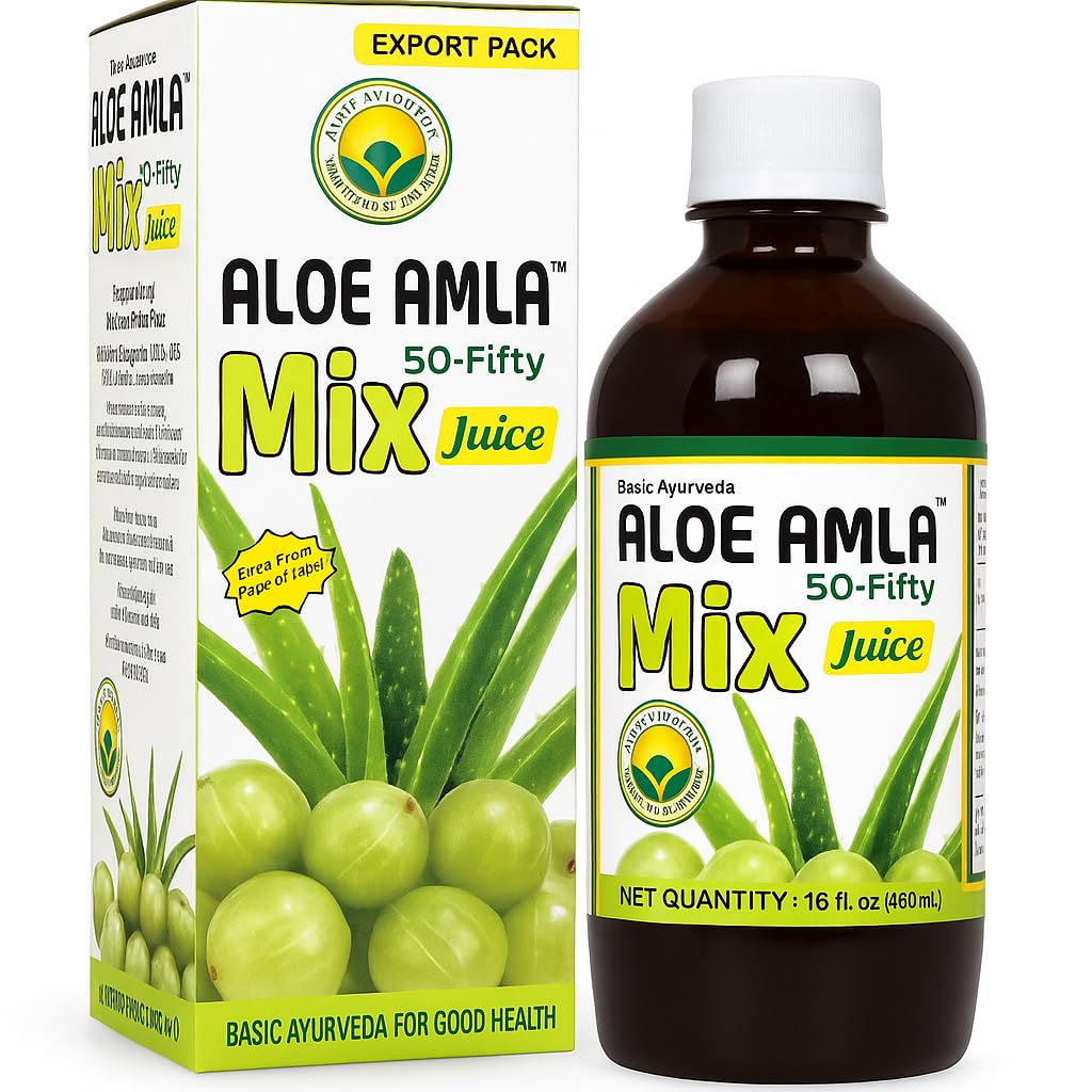 Basic Ayurveda Aloe Amla Mix Juice | Blend of Aloe Vera & Amla Fruit | First Press Virgin Juice | Plant-Based Daily Drink | Vegan & Non-GMO | 16.23 Fl Oz (Pack of 2)