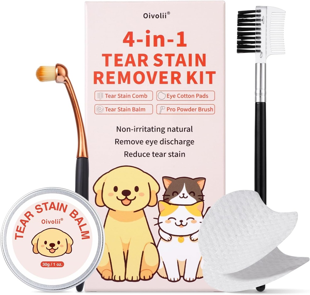 Tear Stain Remover Kit for Dogs & Cats with Tear Stain Comb, Tear Stain Balm, Eye Cotton Pads, Pro Powder Brush Gently Remove Tear Stain, Eye Debris, Discharge, Mucus Secretions