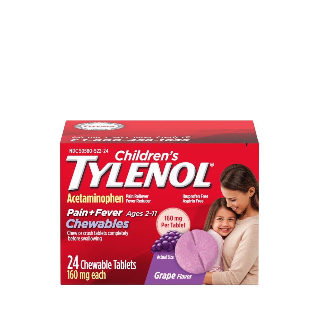 Children's Tylenol Chewables with 160 mg Acetaminophen, Pain Reliever & Fever Reducer for Kids' Cold + Flu Symptoms, Headache, Sore Throat & Toothache, Aspirin-Free, Grape Flavor, 24 ct