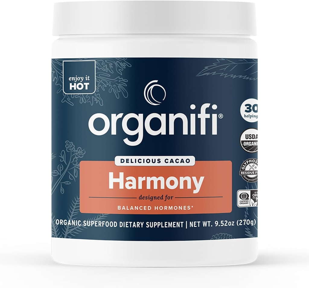 Organifi Harmony - Hormone Support - Eases PMS Symptoms - Energizes You - Regulates Menstrual Cycle - Best Served Hot - Gluten Free and Vegan Cacao Powder, 30 Servings