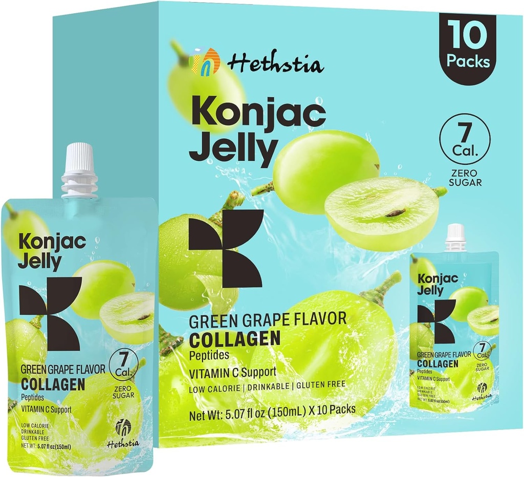 Hethstia Konjac Jelly Green Grape Flavor, 10 Pouches, Bebable Grape Jelly with Collagen Peptides, 7 Kcal, Sugar Free, Gluten Free, Keto, Vegan, On-The-Go Chewy Light Snacks