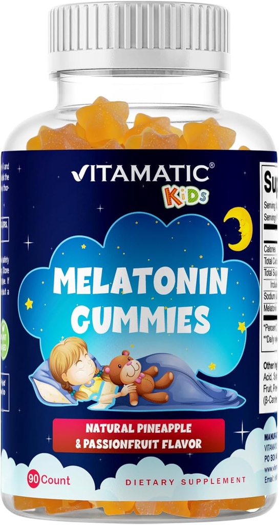 Vitamatic Sugar Free Kids Melatonin 1mg, 90 Gummies, Pineapple & pasiónfruit Flavored Gummies, 90 Days Supply