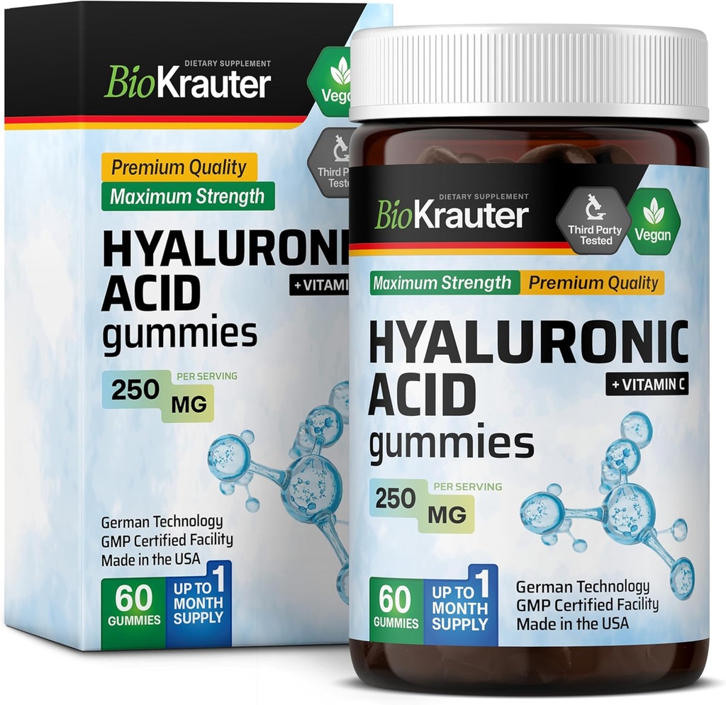 BIO KRAUTER Hyaluronic Acid Gummies w/Vitamin C - 250 mg - 60 Chews Vegan - Suplementos de ácido hialurónico - Pectin-Based
