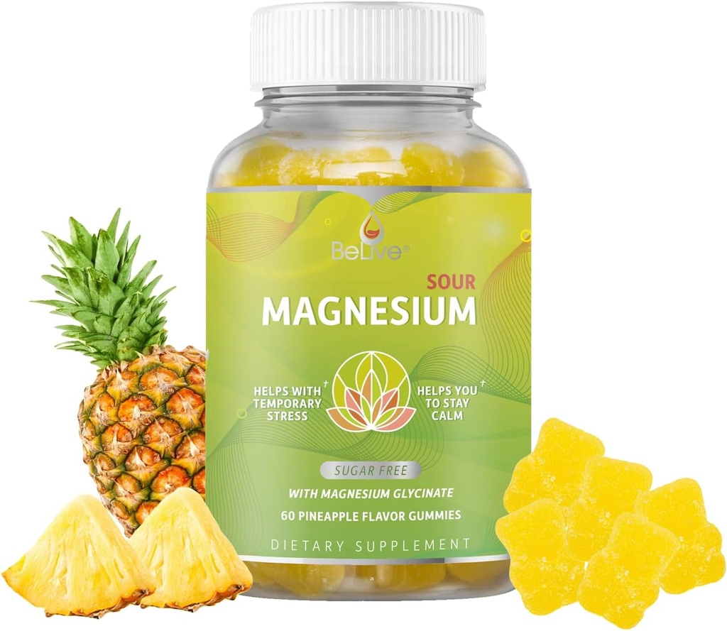 BeLive Magnesium Gummies 200mg - 60 Ct peru Magnesium Glycinate Suplementos para la relajación, el alivio de estrés y el sueño para adultos &amp; niños - sabor y sabor a piña Tangy