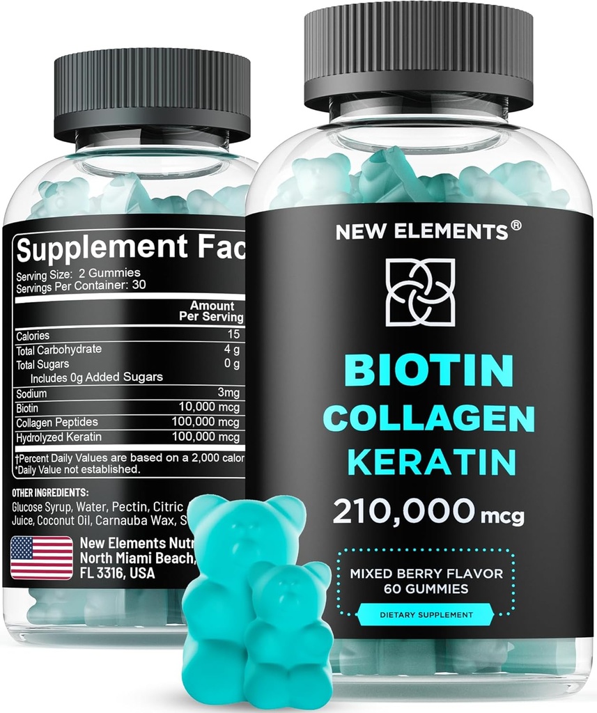 Biotin Gummies with Keratin & Collagen Peptides - Suplemento avanzado para el tratamiento del crecimiento del cabello para hombres y mujeres piel y uñas Vitaminas – Biotina 10000mcg