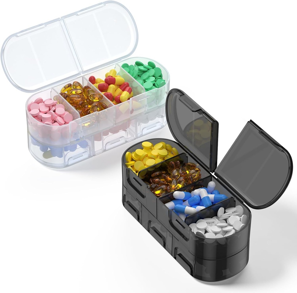 Organizador semanal de píldoras, 2/3/4 veces al día, Diseño de apertura de doble asiento, Caja de píldoras portátiles para almacenar medicamentos / vitaminas / aceites de moscas / suplementos (Variable Grids White Black 2PC)