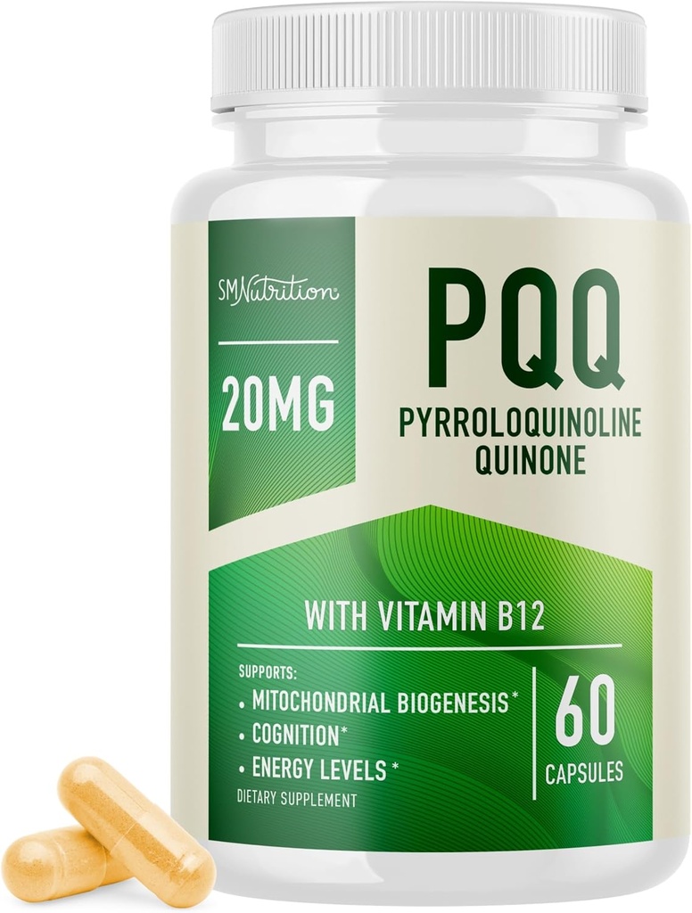 PQQ Suplemento 20mg  Mitochondrial Biogenesis &amp; Energy Optimizer With CoQ10 &amp; Vitamin B12 TEN soporta Brain Health &amp; Mitochondria Production ← Ultra PQQ Formula  durable Vegan, Gluten-Free TEN 60 cápsulas