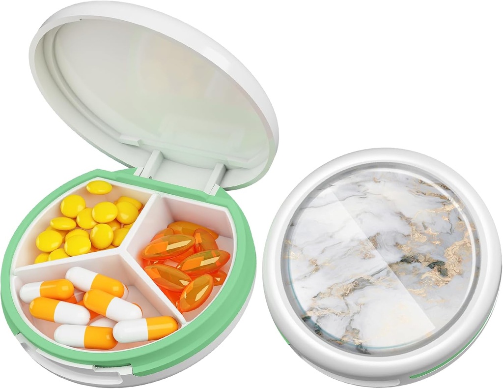 Serfeymi Small Pill Box - 3 Compartimientos Caja de Píldora Portátil, Caja de Píldora compacta Mini Travel Pill - Apto para Medicina, Vitamina, Petróleo de Pesca, Suplementos - Blanco(Marble)