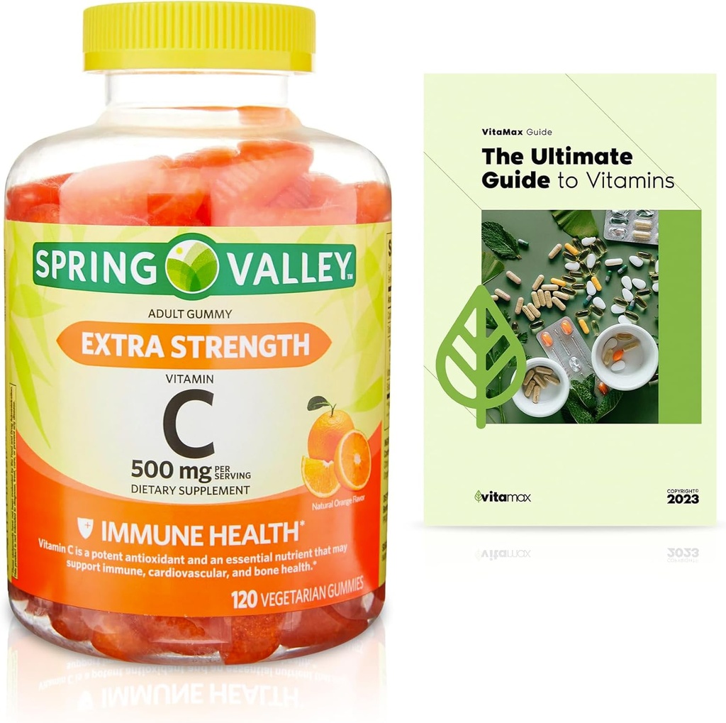 Spring Valley Extra Strength Vitamin C Immune Health Dietary Supplement Vegetarian Gummies, Orange, 500 mg, 120 Conde + Exclusiva VitaMax Vitamina (2 items)